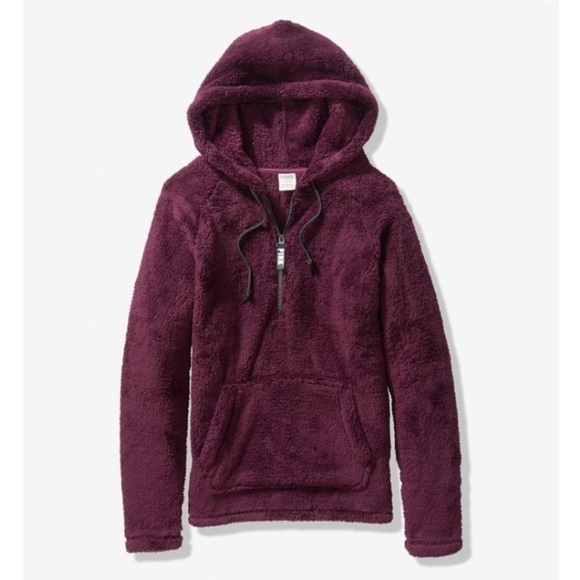VS Pink Maroon Half Zip Teddy Pullover Cozy Hoodie - Picture 3 of 10